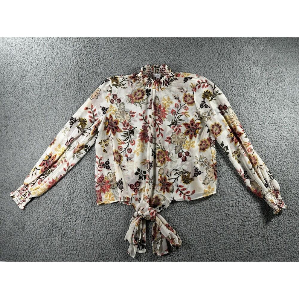 Ophelia Roe Floral Blouse Women Small Front Tie Sheer Long Sleeve Mock Neck Top